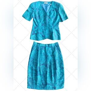 Vintage Albert Nipon Teal Floral Jacquard Skirt Suit Set